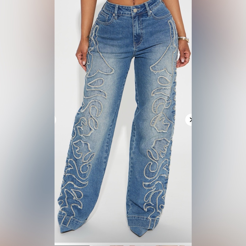 Fashion Nova Blue Embroidered Flare Jeans